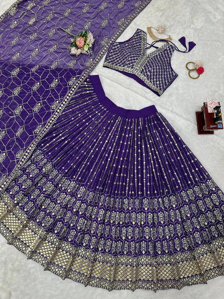 Latest Purple Georgette Sequence Work Lehenga Choli For Wedding Wear