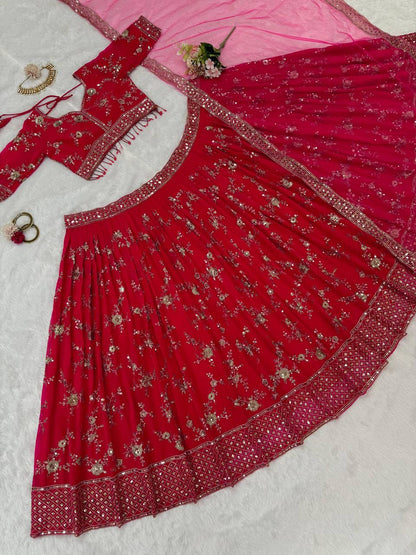 Red Color Georgette Sequence Thread Work Lehenga Choli