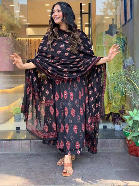 Awesome Black Color Cotton Printed Embroidery Work Salwar Suit