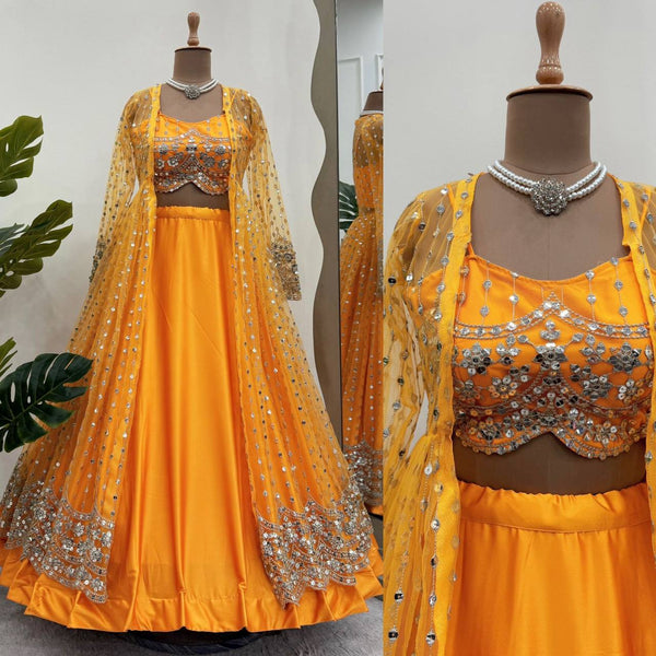 Yellow Color Japan Satin Sequence Thread Work Koti Lehenga Choli