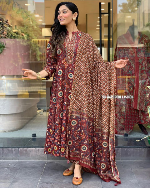 Latest Maroon Color Cotton Ready Made Hand Work Salwar Suit