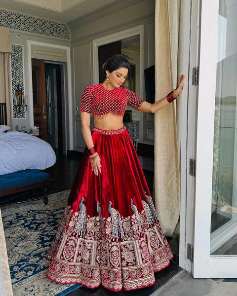 Latest Maroon Wedding Velvet Lehenga For Women