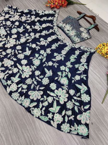 Blue Color Embroidered Sequence Silk Georgette Lehenga Choli