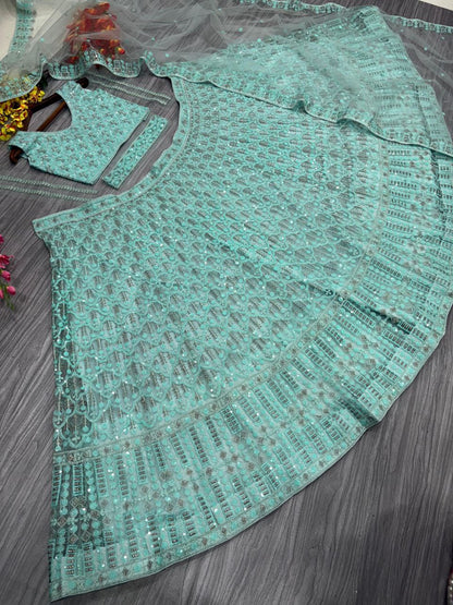 Sea Green Net Sequence Lehenga Choli