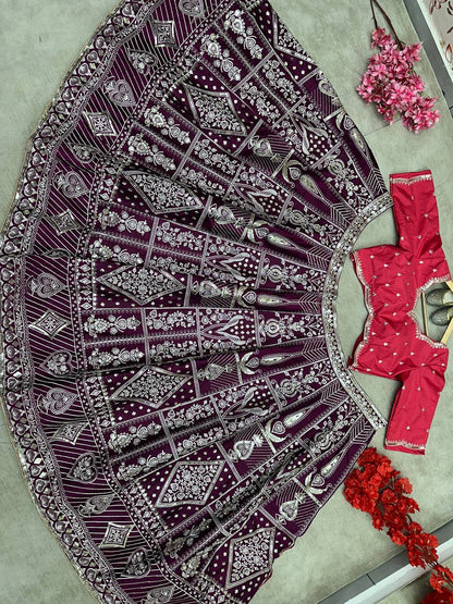 Wine Color Jalpari Silk Embroidered Lehenga Choli