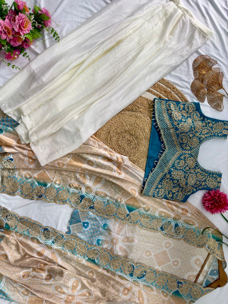 Ready to Wear Chinon Silk Multi Thread Work Indo Western Drape Saree