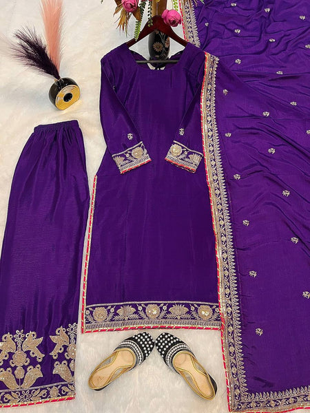 Purple Color Chinon Silk Sequence Work Sharara Suit