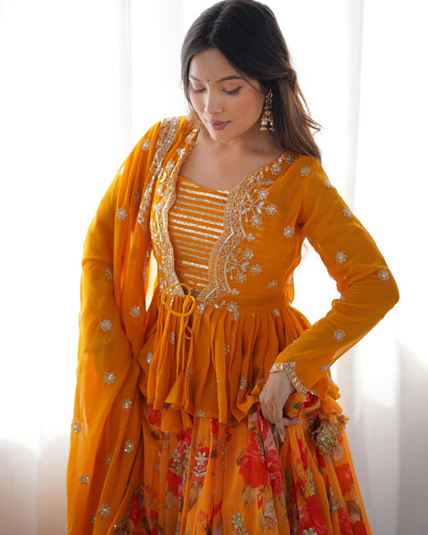 Orange Color Georgette Sequence Koti Lehenga Choli