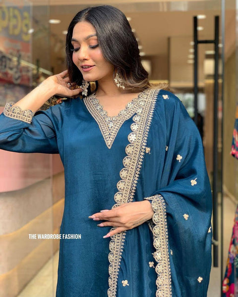 Trendy Rama Satin Embroidery Salwar Suit