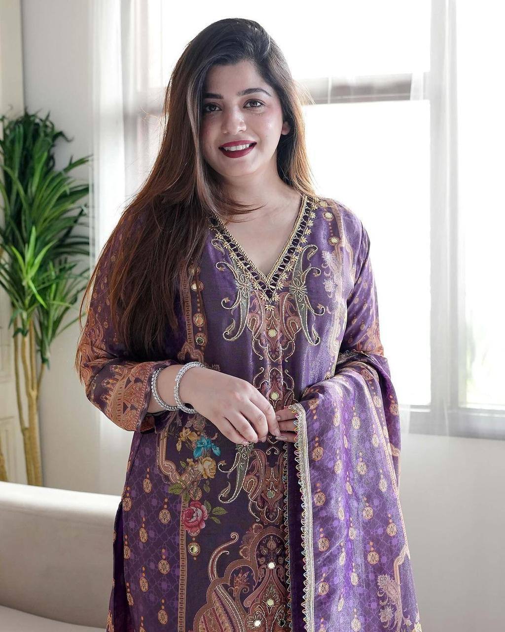 Purple Color Satin Printed Mirror Salwar Suit