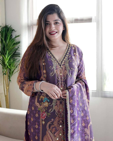 Purple Color Satin Printed Mirror Salwar Suit