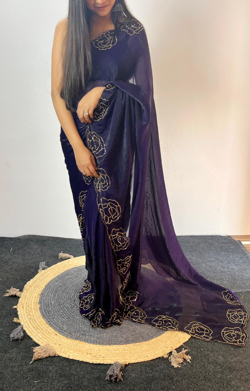 Party Wear Space Silk Cut Work Saree Blouse