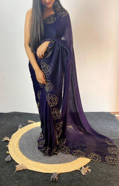 Party Wear Space Silk Cut Work Saree Blouse