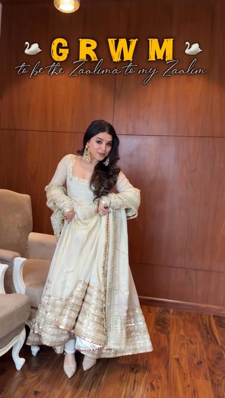 Ville Fashion Women's Off-White Chinon Silk Anarkali Suit with Heavy Sequence Work & Salwar
