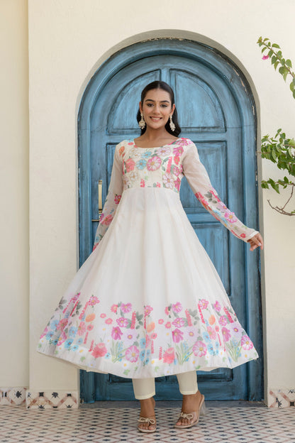 White Color Organza Silk Digital Printed Top Pent Dupatta
