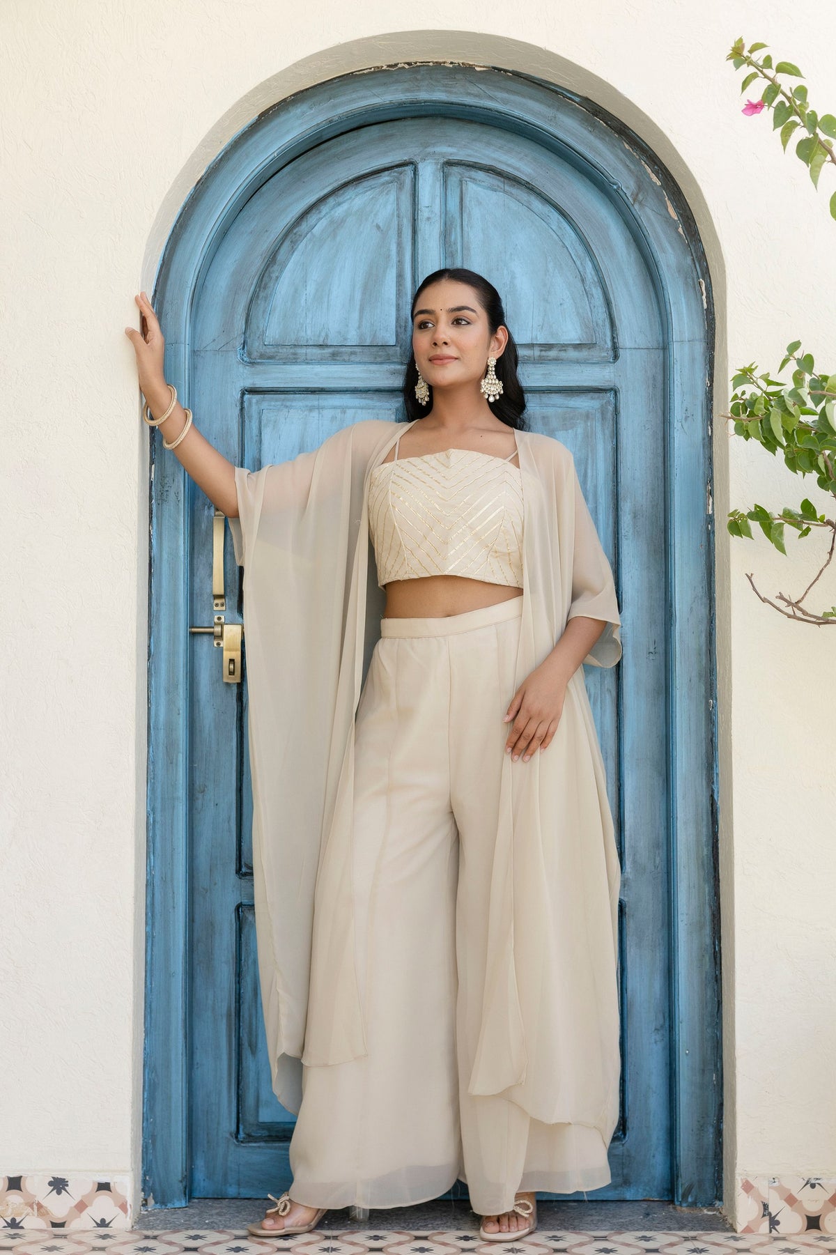 Off White Color Georgette Gotta Patti Plazo Top Shrug