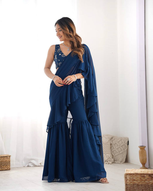 Latest Blue Color Georgette Sharara Saree