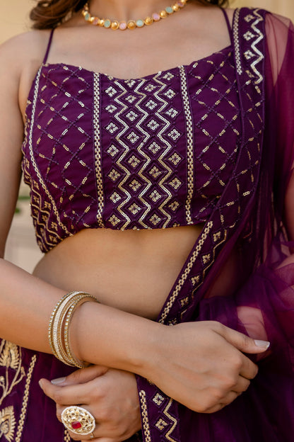 Wine Color Georgette Sequence Lehenga Choli