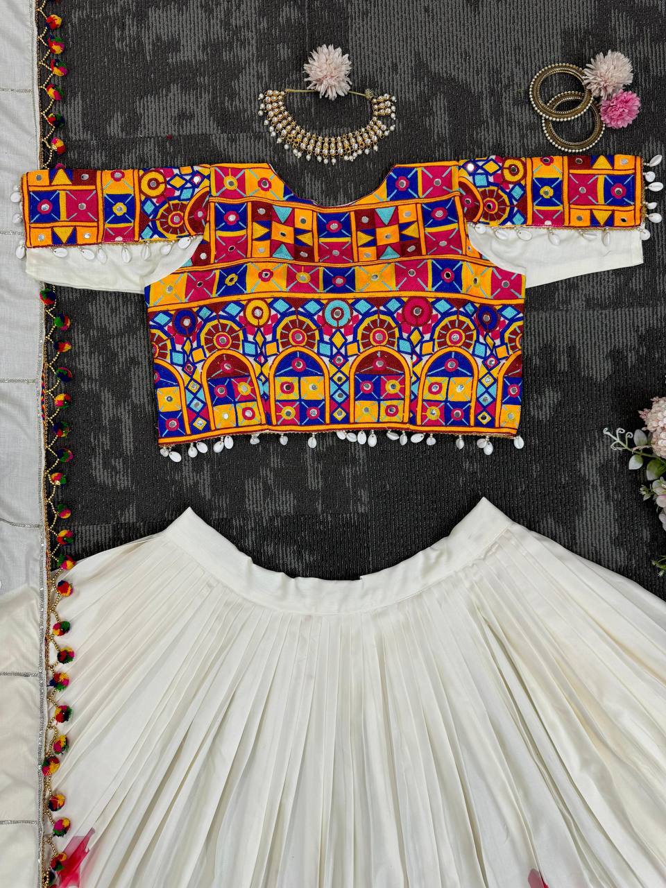 Off White Color Rayon Real Mirror Lehenga Choli