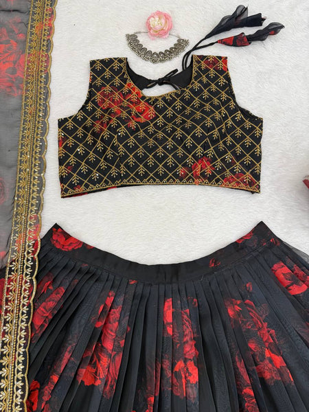 Black Color Organza Printed Sequence Lehenga Choli