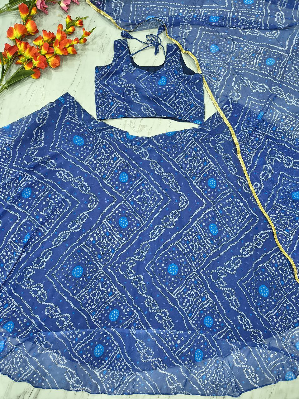 Designer Georgette Lehenga Choli with Printed Work & Lace Border Dupatta