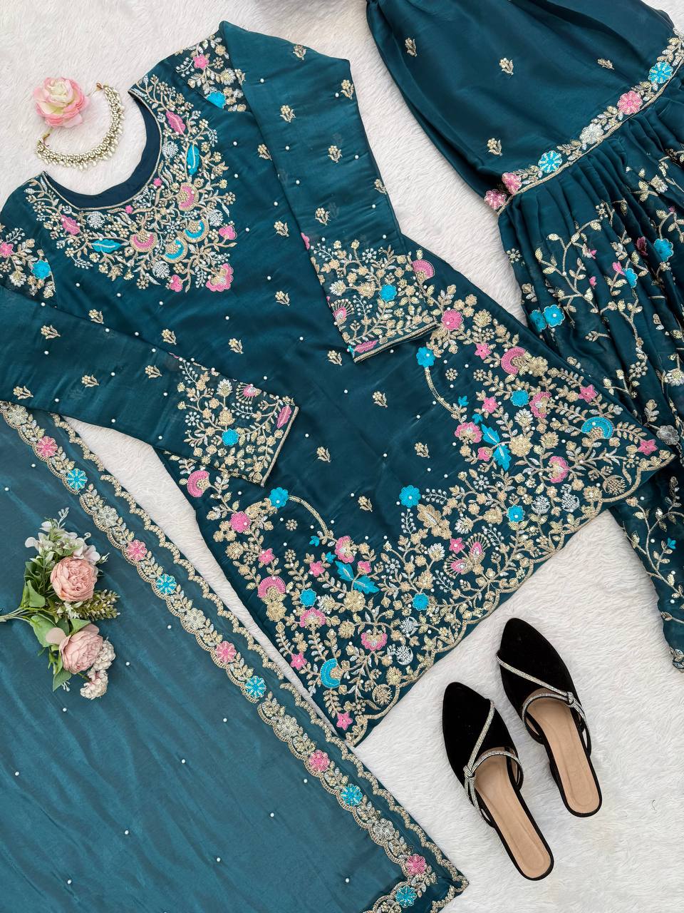 Premium JMC Silk Sharara Set with Sequence & Rivet Moti Work