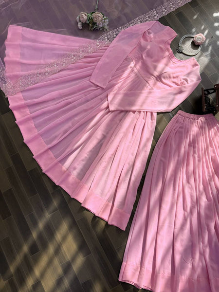 Exquisite Faux Georgette Top &amp; Palazzo Set with Organza Silk Dupatta