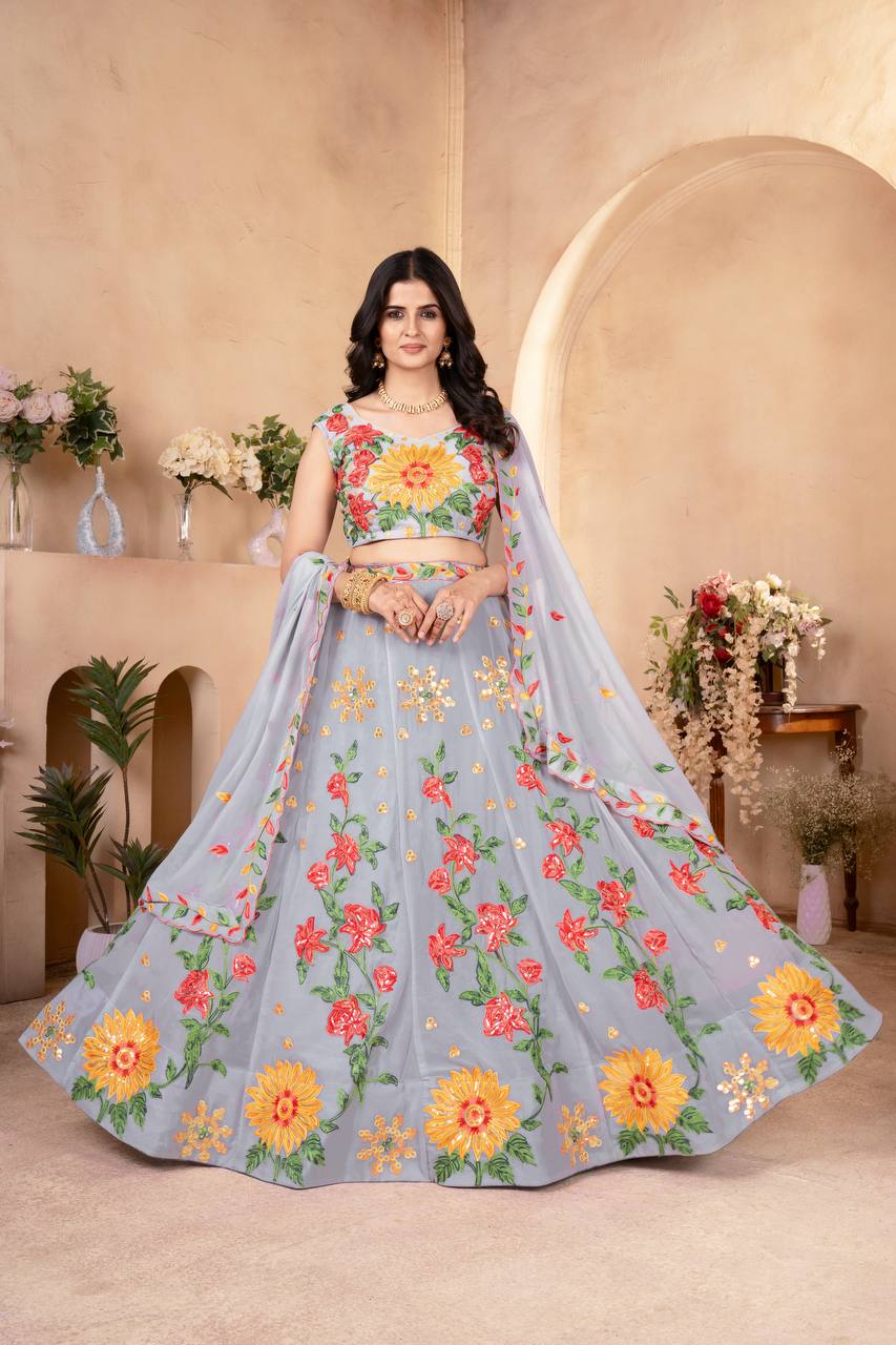 Exquisite Faux Georgette Lehenga Choli with Sequin Thread Embroidery