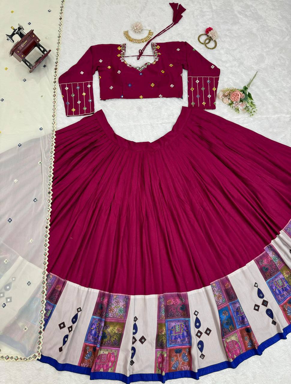 Premium Rayon Digital Print Lehenga Choli with Real Mirror Work