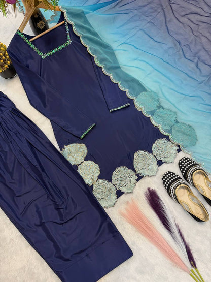 Heavy Crepe Silk Embroidered Farshi Salwar Suit Set