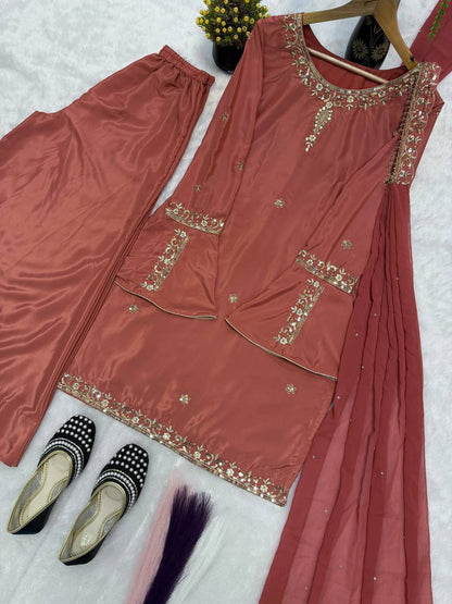 Heavy Natural Crepe Silk Embroidered Sharara Suit Set