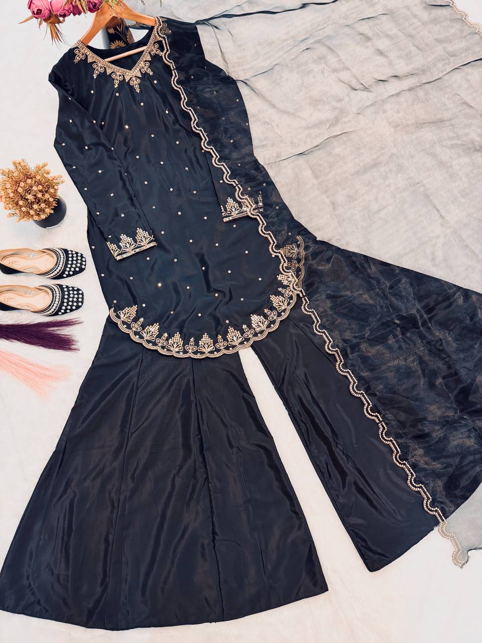 Premium Natural Crepe Silk Sharara Suit Set