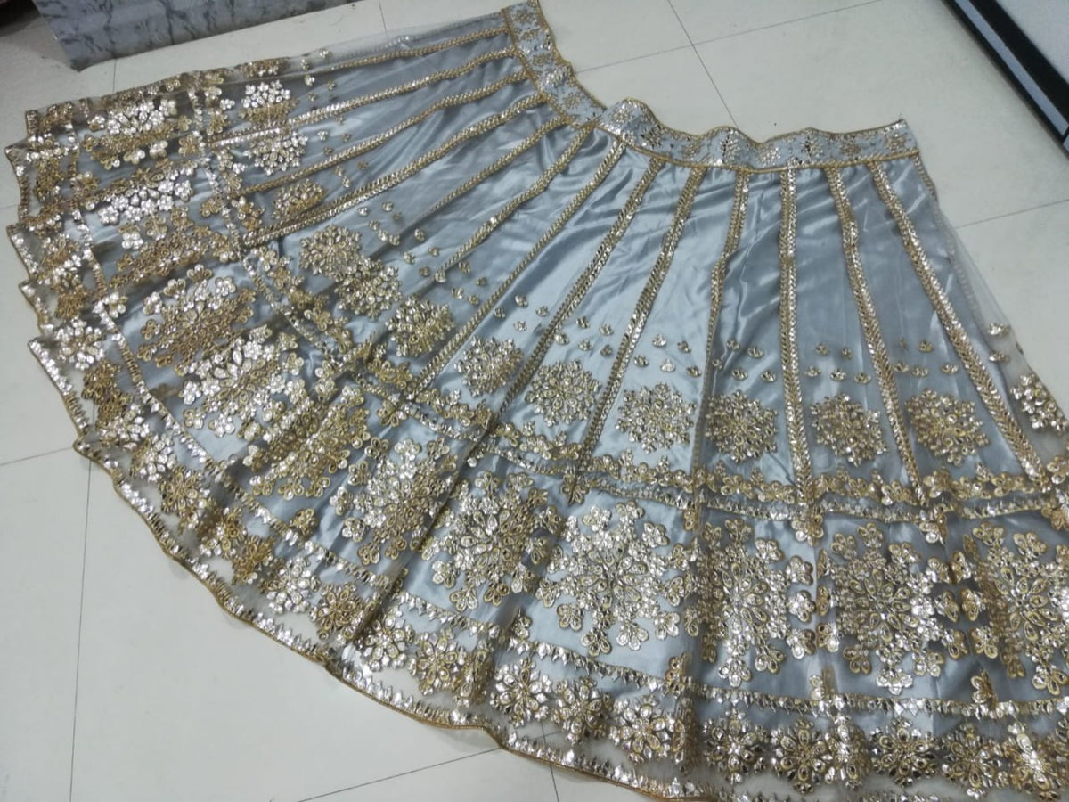 Elegant Gray Net Lehenga Choli with Mirror Jari Embroidery