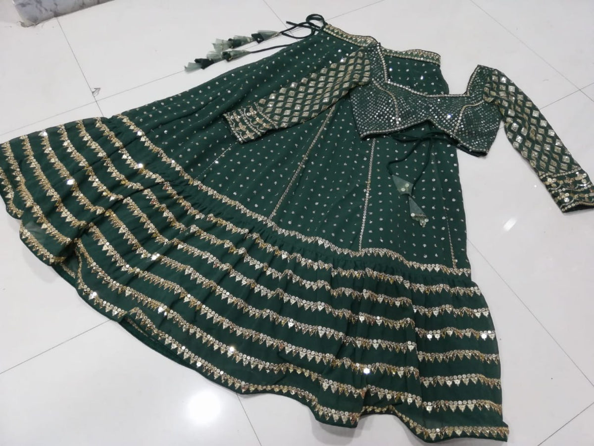 Bottle Green Embroidered Faux Georgette Lehenga Choli Set