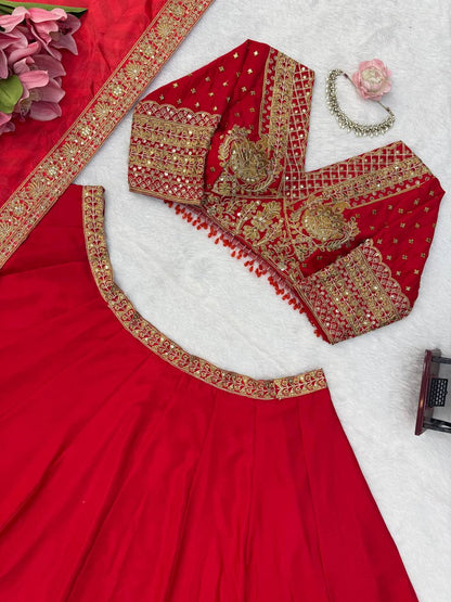 Opulent Red Chinon Silk Lehenga Set with Heavy Coding & Sequins Work