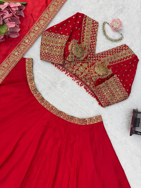Opulent Red Chinon Silk Lehenga Set with Heavy Coding & Sequins Work