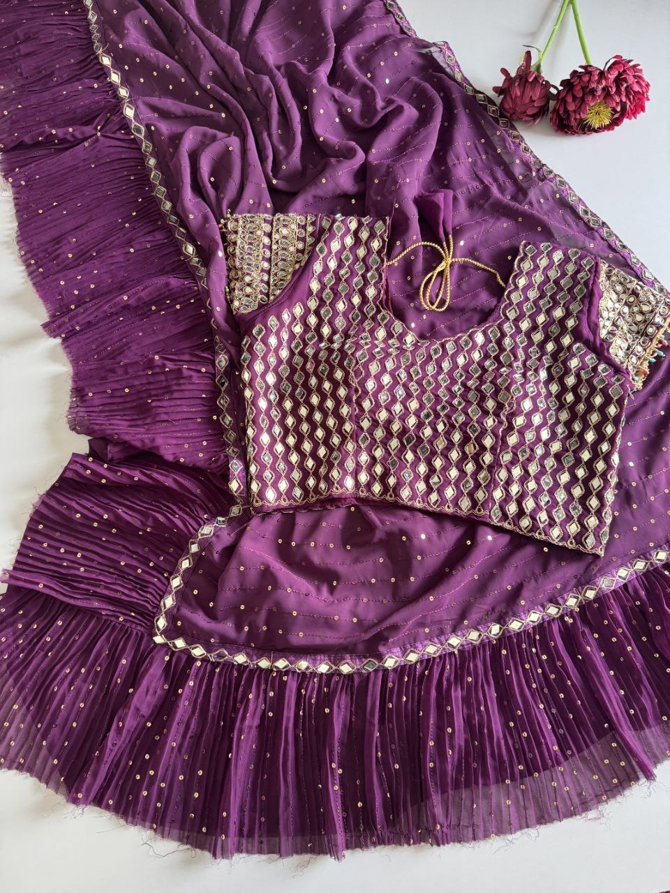Sequins Faux Georgette Saree with Crush Pleats & Stitched Real Mirror Work Blouse