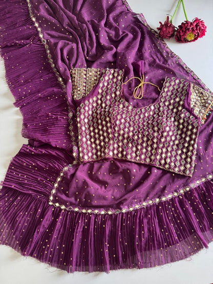 Sequins Faux Georgette Saree with Crush Pleats & Stitched Real Mirror Work Blouse