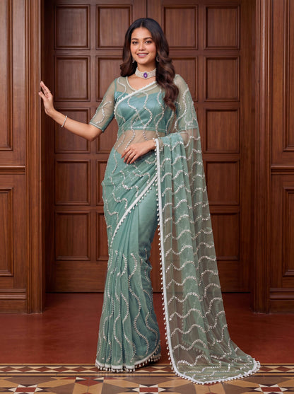 designer Net Embroidered Saree with Beads, Sequins & Pearl Work | Matching Unstitched Blouse