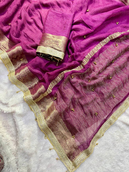 Premium Soft Tissue Silk Saree with Real Ghungroo Work & Minimal Border