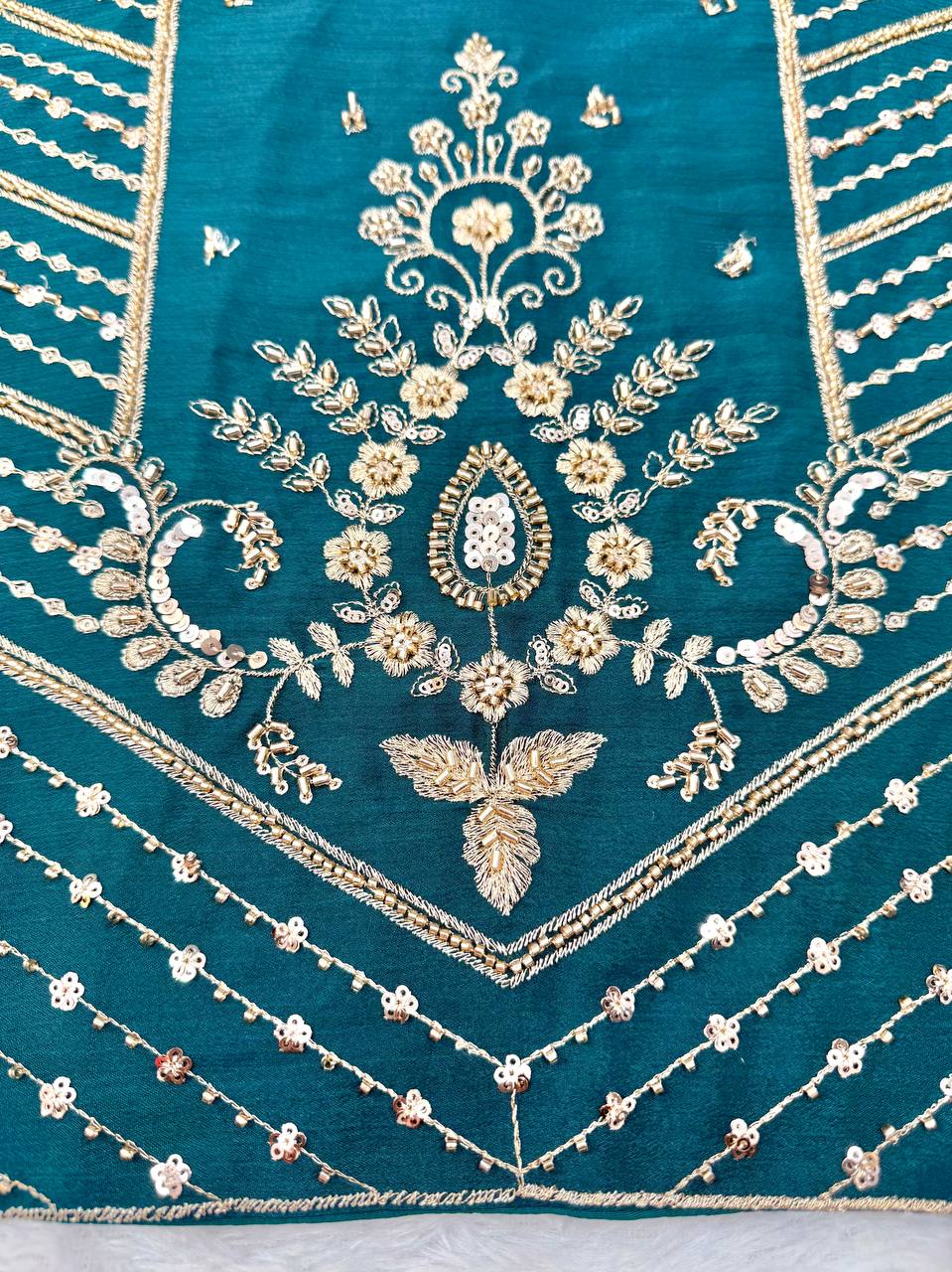 SP-107 teal Chinon silk suit neckline embroidery close-up