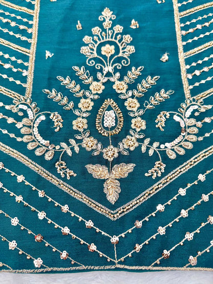 SP-107 teal Chinon silk suit neckline embroidery close-up