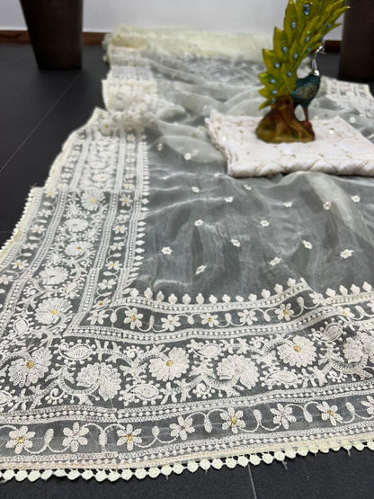 Attractive Organza Silk With Fancy Embroidery Work Saree