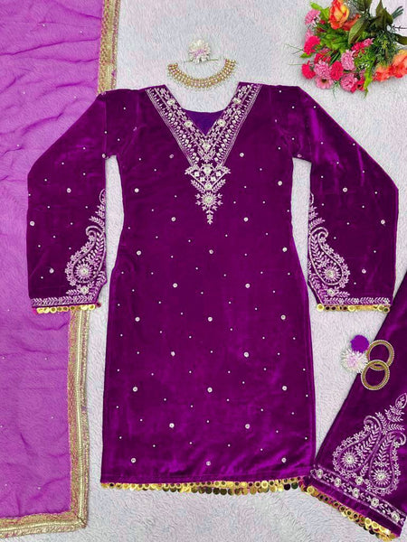 Designer Velvet Salwar Suit With Rivet Moti Work And Sequence Work