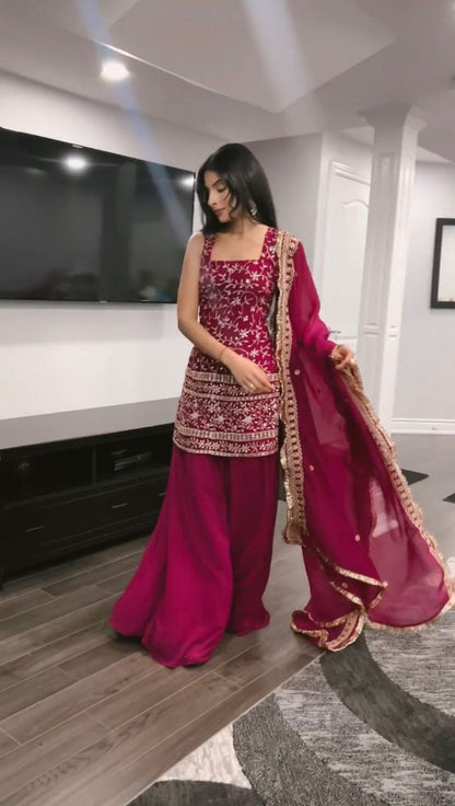 Beautiful Pink Color Georgette Embroidery Palazzo  Salwar Suit