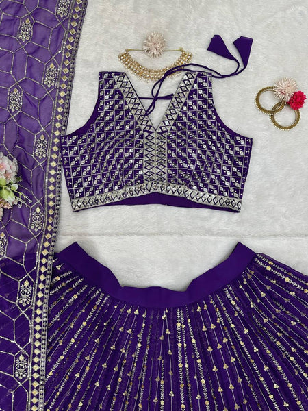 Latest Purple Georgette Sequence Work Lehenga Choli For Wedding Wear