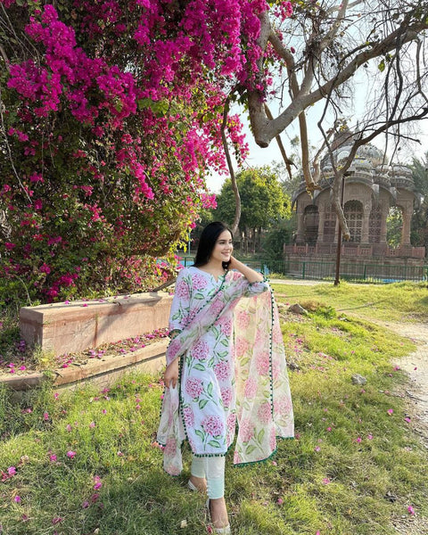 Latest Multi Color Muslin Linen Cotton Printed Pum pum Work Salwar Suit