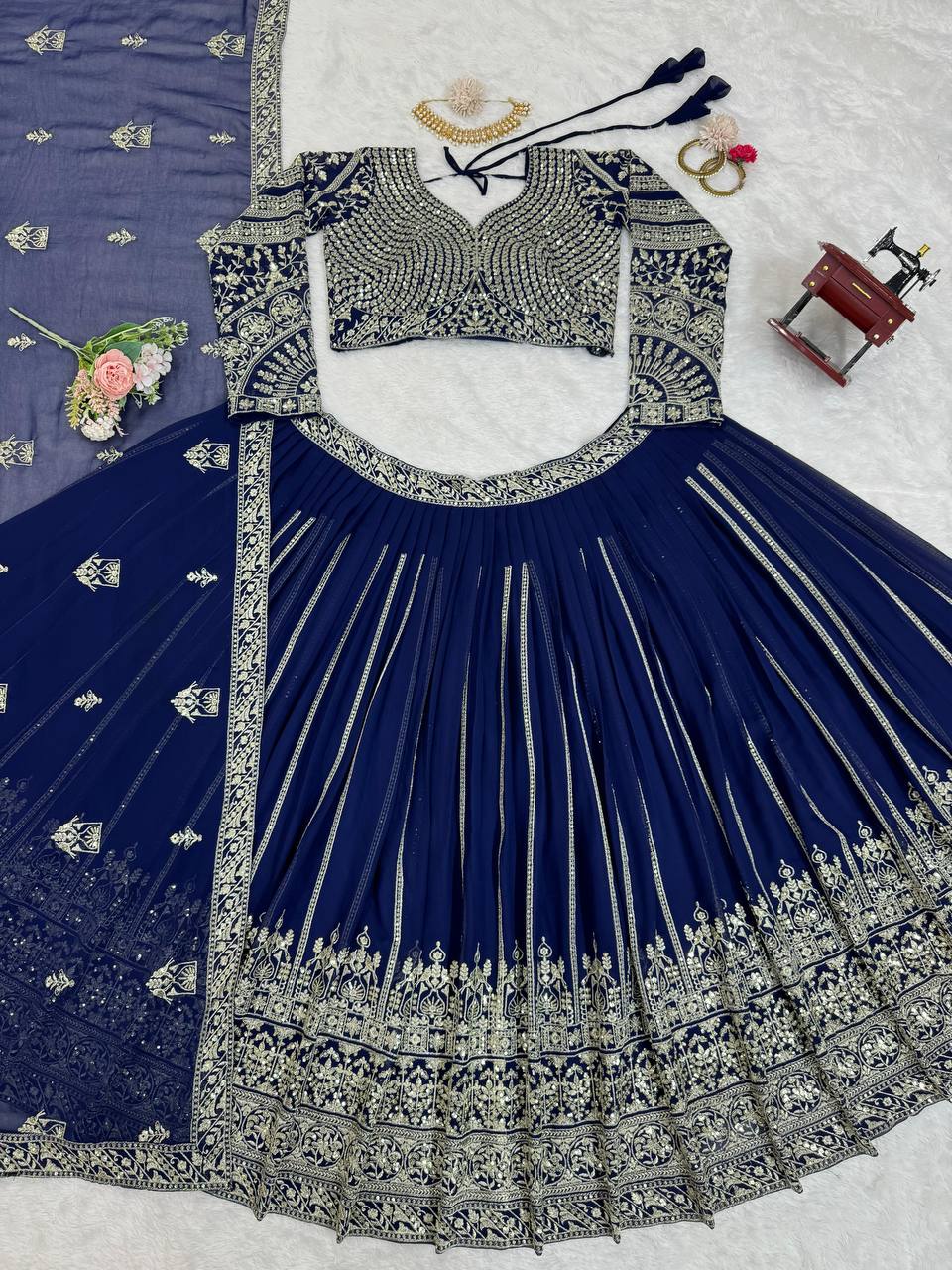 Navy Blue Embroidery Lehenga Choli For Women