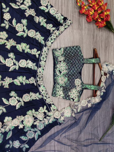 Blue Color Embroidered Sequence Silk Georgette Lehenga Choli