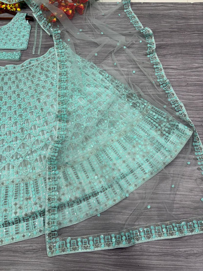 Sea Green Net Sequence Lehenga Choli